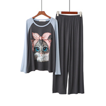 Pajamas Woman Autumn Casual Modell Elastic Cartoon Kitty Printed Long Pants Long Sleeve Home Conserved Spring Autumn Suit