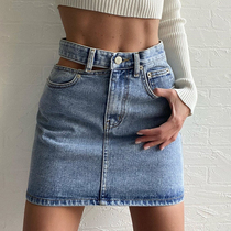 H home Europe and the United States unilateral hollow machine sexy denim skirt women high waist thin bag hip skirt Joker retro