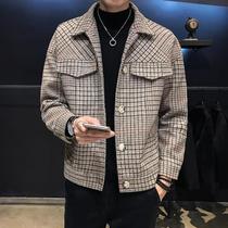 Tide brand coat mens winter Korean version of the new Chidori plaid coat youth slim-fit top short plus cotton trench coat