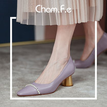 Purple Pearl shoes female niche temperament high heels 2021 spring and autumn leather square head rough heel women shoes 325H