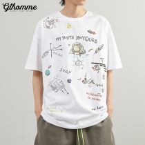 2021 summer new mens short sleeve T-shirt print loose round neck casual versatile white trend half sleeve clothes