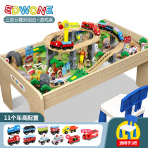 EDWONE wooden track remote control train rail car toy multifunctional game table children toy table boy car