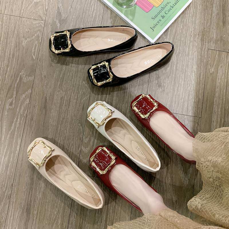 Shallow square-head single shoe woman flat bottom 2023 Summer new Korean version 100 hitch women's shoes square headed bean-bean shoes ladyshoe-Taobao