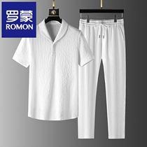 Romon Casual Sports Suit Mens Summer Thin New Frontier Cotton Breathable Trendy Men Short Sleeve Long Pants Two Sets