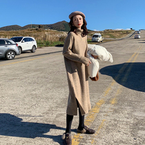 EKOOL high neck medium long knitted dress womens autumn and winter thickened inside the thin base knee-length sweater skirt