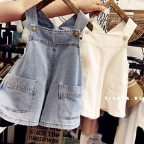 Childrens denim straps shorts summer Korean girls baby thin foreign style big pocket pants denim pants