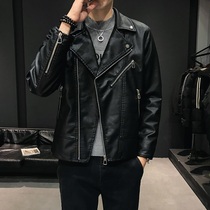 Famous leather mens autumn and winter new Korean slim-fit trend handsome leather jacket mens handsome plus velvet motorcycle jacket