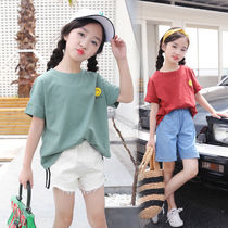 Childrens clothing 2020 Summer new girl loose short sleeve T-shirt childrens half sleeve summer dress middle-aged childrens shirt shirt
