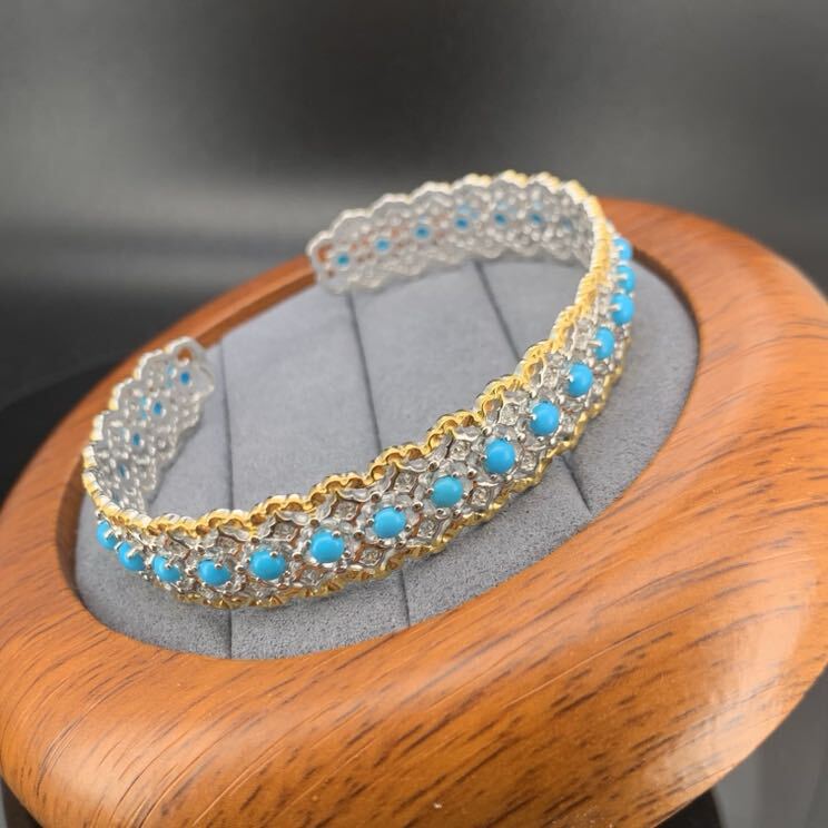 Silver Inlaid with Natural Turquoise High-Porcelain Blue-Green Stone, Open Bangle with Filigree Design, 24mm Wide Version