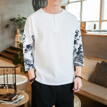2019 summer Chinese style cotton linen loose short sleeve personalized print plus size retro Chinese style seven-point sleeve men