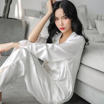 Sleepwear Woman Spring Autumn Ice Silk Long Sleeve Open Shirt Lace Ins Nets Red Real Silk Autumn Winter Han Prints home Two suits