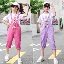 Girls  bib pants Summer shorts Big childrens Western style short sleeve Childrens bib pants thin bear pants Korean version
