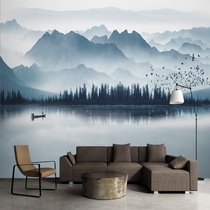 New Chinese ink landscape painting wallpaper reflection distant mountain birds sofa living room TV background wall paper mural 3D