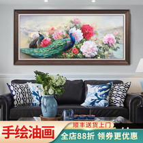 True hand-painted oil painting rich peony Peacock European Villa living room hotel lobby banner hanging painting restaurant mural