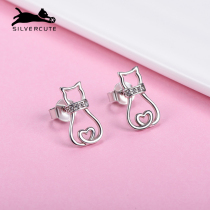 Cute Silver Hollowed-out Cat Ear Nail Woman 925 silver Xia XiaocrowdDesign senses sweet and heart-shaped tail temperament ear decoration plated 18K
