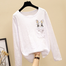 South Korean long sleeve t-shirt woman 2020 spring autumn new short paragraph loose 100 lapped Korean version of foreign air embroidery to wear blouses