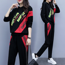 Sports suit womens 2021 spring new large size womens loose thin printed sweater casual pants two-piece set