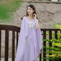 21 summer Chiffon hand painted peony round neck dress Literary retro Chinese loose pullover irregular long dress