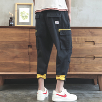 Tide brand Japanese overalls mens summer Korean loose straight ankle-length pants Joker trend ins colorblock casual pants