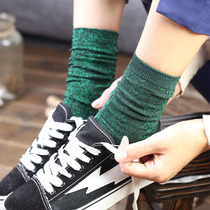  Spring Autumn Silver Scallion Women Socks Gold Silver Silk Pile Socks in Cotton Silver Gold Thread Summer Retro South Korea Bright Silk Shiny Socks