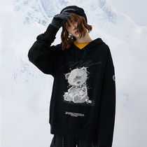 PCMY plus velvet Tide brand bear sweater spring and autumn hooded lovers loose ins street hip hop cartoon men and women