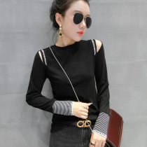 Europe station 2020 autumn and winter new European goods off-the-shoulder T-shirt womens long-sleeved wild thickened brushed base shirt top tide