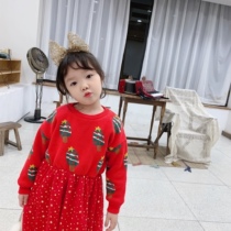 Horse lamb Christmas comes winter Christmas tree Jacquard Star Christmas red gauze dress with velvet sweater