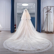 New lace appliaced meritless pop champagne bridal long tug head yarn double layer with hair dresser soft yarn