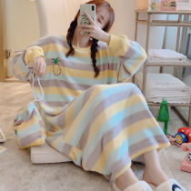 Night dress womens winter Korean version of sweet princess wind flannel thickened warm loose long-sleeved pajamas home clothes long dress