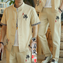 China Wind Suit Mens Summer Tang Dress Han Fu Embroidery Short Sleeve Set Clothes Men Casual Retro Cotton Linen Three Sets