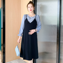 Pregnant women autumn fashion fake two long sleeve dress 2021 New Hot Mom size loose stitching pregnancy skirt