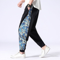 Spring and autumn pants mens linen thin Chinese style loose fat Hareen pants 9-point wave printed leggings