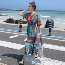 Beach dress women seaside holiday dress 2021 New V collar print chiffon slim Bohemia dress fairy