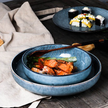 Creative striped ceramic soup plate personality household retro round flat plate Salad bowl vegetable bowl vegetable plate tableware