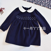 Japanese style dress~ 80-130 girls spring and autumn Japanese style double pocket dress hidden blue vintage doll dress