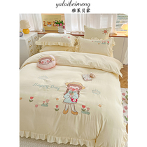 Korean bunk bed goods 4 pieces of lotus leaf lace girl cute princess embroidery washed cotton quilts covered bed linen full pure color girl