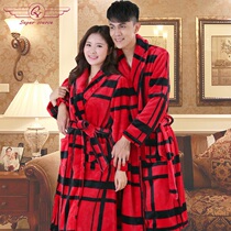 Mens coral velvet New thick flannel couple printed plaid womens autumn and winter long solid color bathrobe