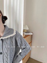 Brief Bump Color Autumn Winter Doll Flip collar sweet and casual twist Twist Thickened V Collar Sweater Retro Cardiovert Coat Woman