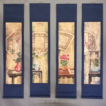 New antique calligraphy and painting four screens ancient elegant court last picture hand-painted quadruple scroll mural antique Zhongtang decoration hanging painting