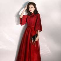 Large size toast dress bride wine red 2021 summer pregnant woman engagement wedding back door evening dress skirt thin and long section