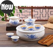 Ceramic bone china small household set with round tea tray lid bowl kung fu tea set 8 inch green porcelain rhyme