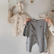 Infants and young children Spring and Autumn waffle clothes ha clothes men and women Baby Home clothing set leisure pajamas Korean tide tide