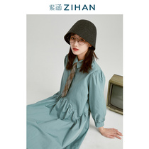 Back to the retro time Zihan Mori womens spring and autumn quarter sleeve loose shirt collar dress medium and long skirt