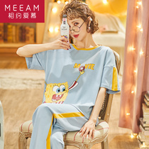Girls pajamas summer short-sleeved trousers thin cotton Spongebob cartoon summer home wear two-piece cotton
