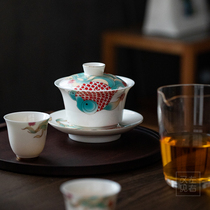 Handmade white porcelain three talented bowl Chinese creative decals ceramic tea bowl Jingdezhen kung fu tea set Single Cup