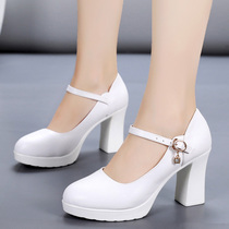 Headlayer Bull Leather Walking Show Shoes High Heel Qipao Show Model Shoes Round Head Coarse Heel Mid-Old Party Heel Spring Autumn Genuine Leather Women Shoes