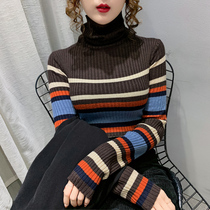 Autumn and winter New color striped pullover sweater ladies foreign gas pile high neck slim base shirt long sleeve sweater