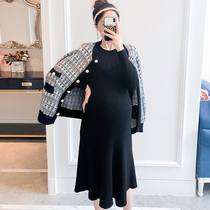 Pregnant womens autumn suit fashion small fragrant knitted jacket stretch bottoming dress two-piece Western style autumn and winter