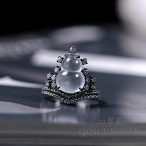 Qincuiyuan natural jadeite A high-ice wood gourd ring design custom 18K black gold luxury inlay HOT