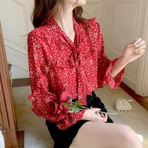 2020 Autumn New Korean flared sleeve lace up bow collar floral chiffon shirt loose Joker women